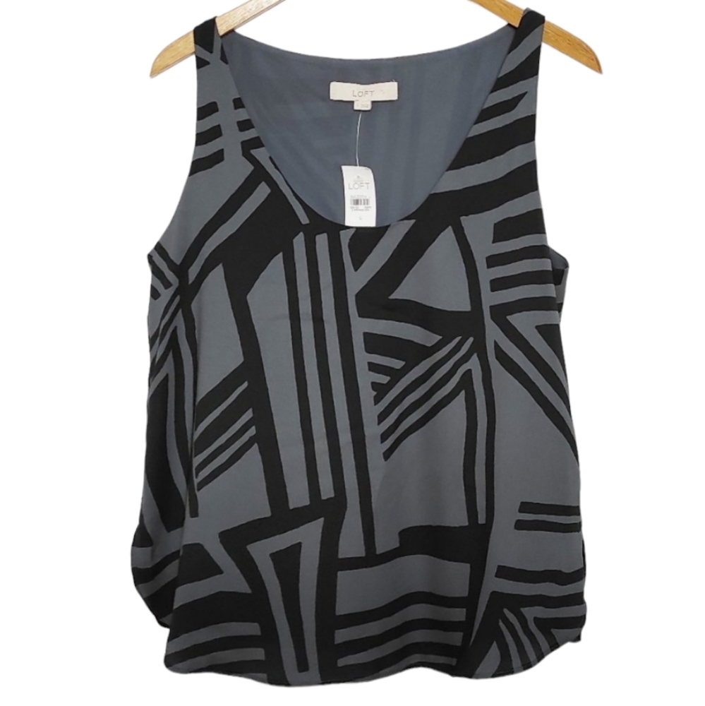 Loft Geometric Print Sleeveless Career Top Black Gray Small